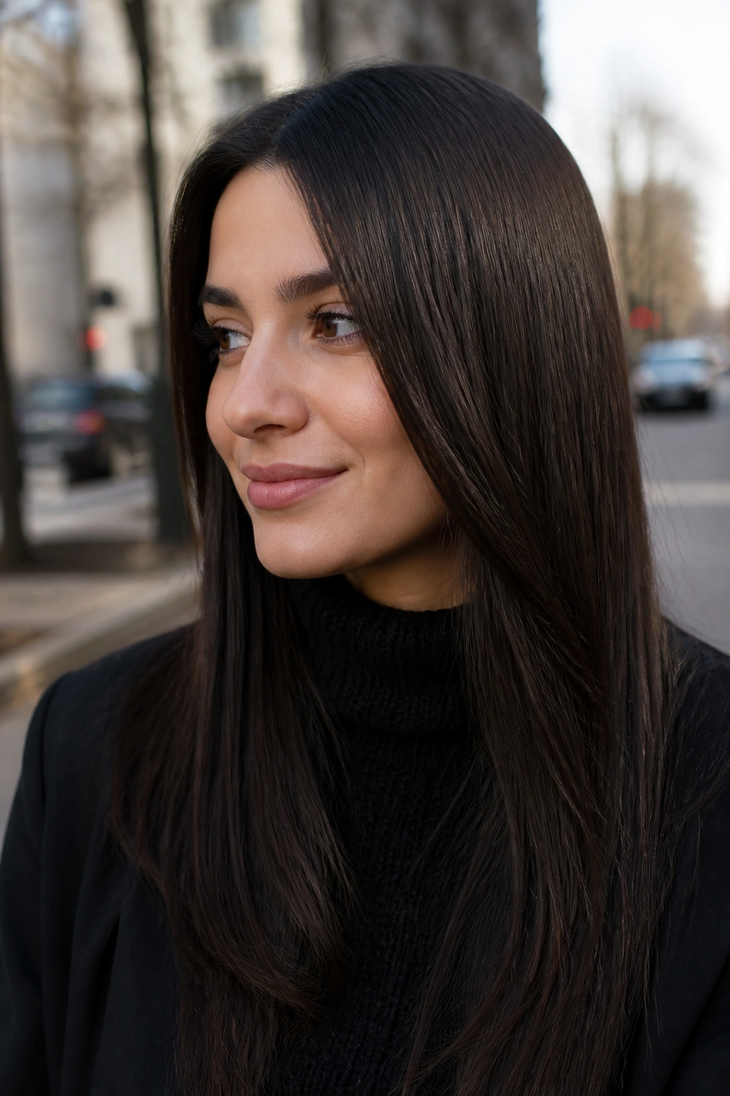 Portrait of straight hair in cold brew brown with glossy finish