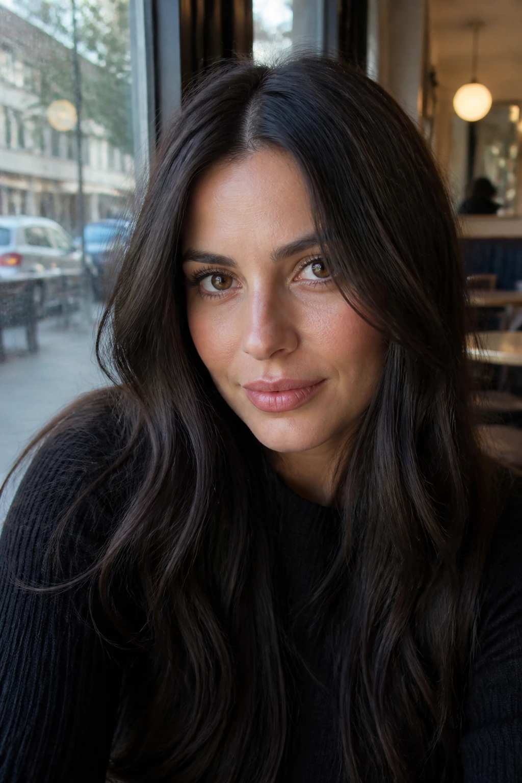Close-up portrait of a woman with cold brew brunette hair and center part