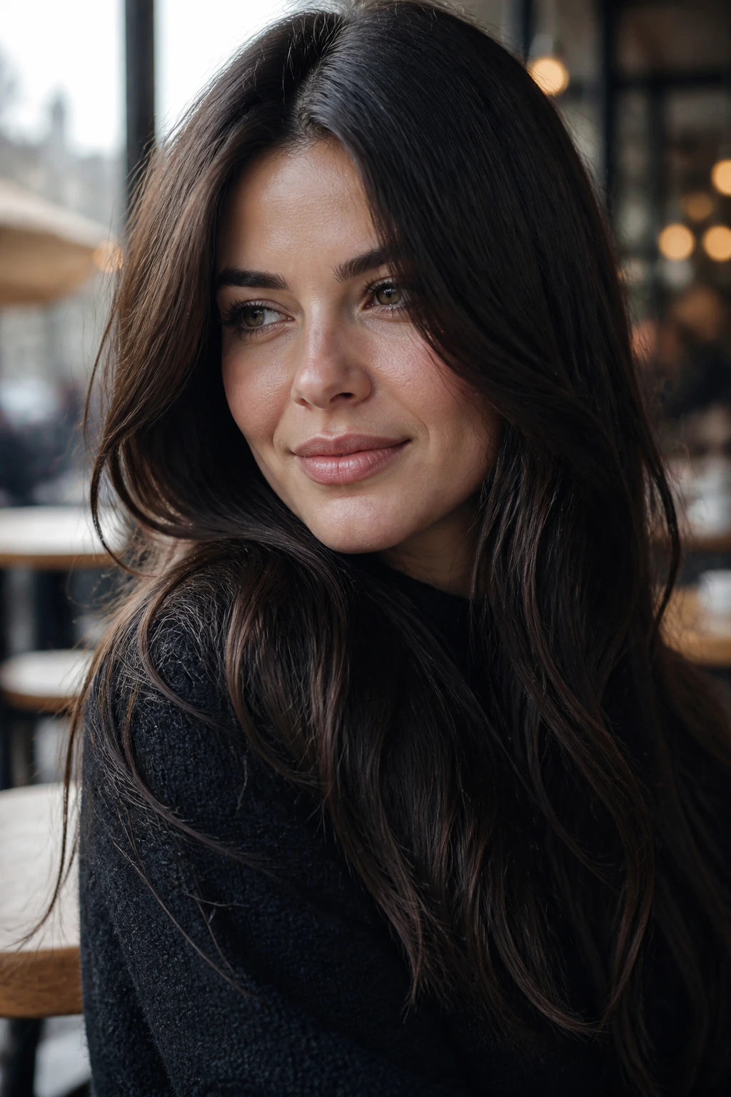 Close-up portrait of a real person with cool espresso-like brown hair