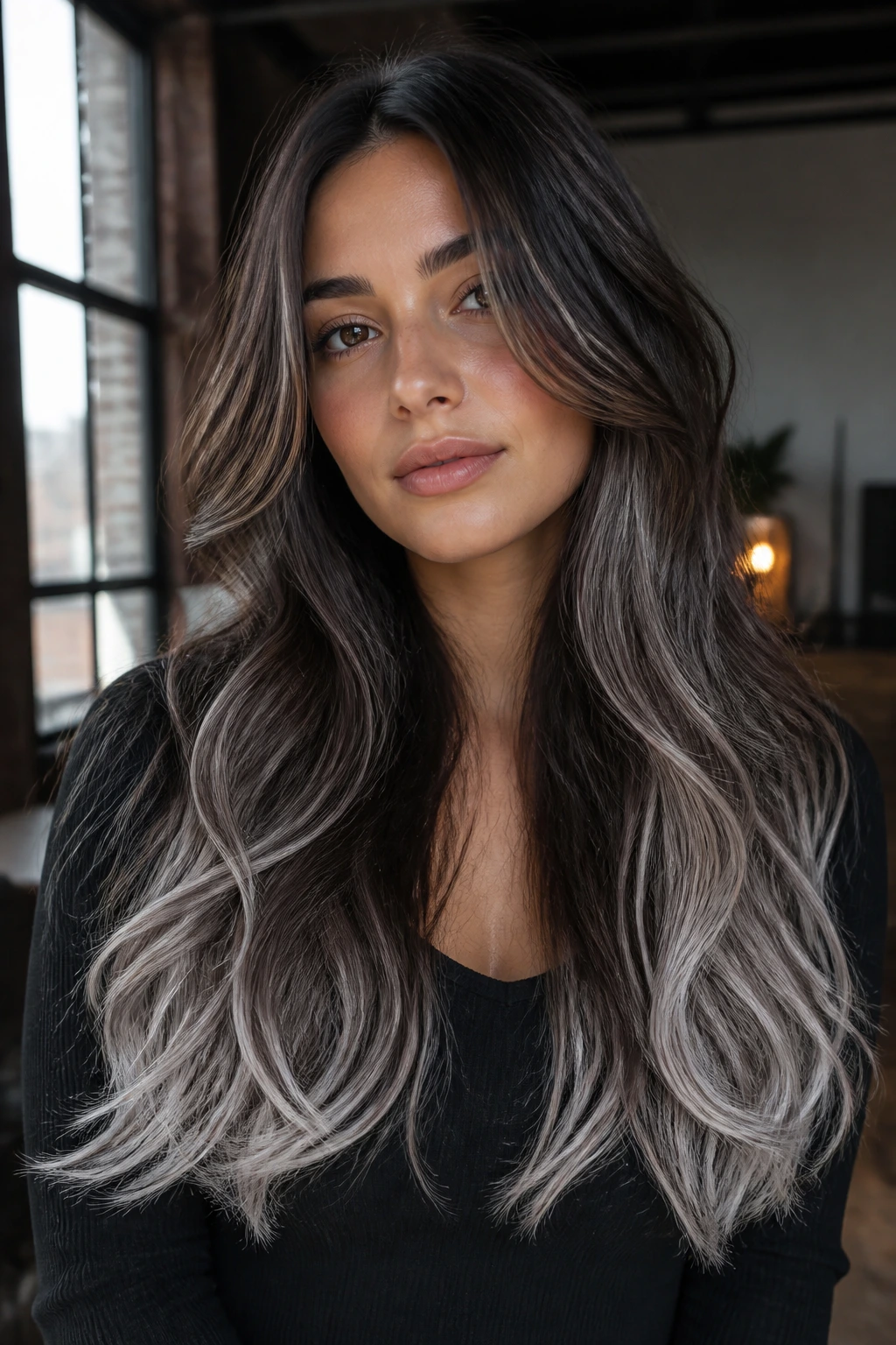 Close-up portrait of a real woman with cold brew brunette hair and opal tips
