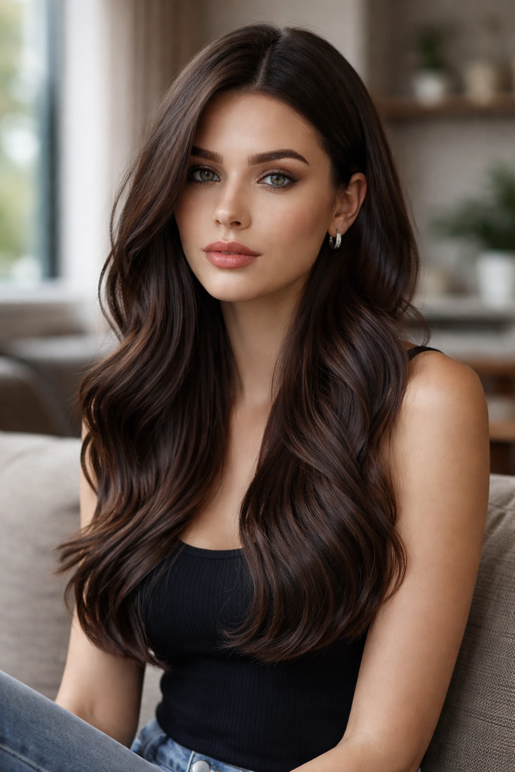 Close-up of a woman with a deep cool brunette shade and neutral gloss.