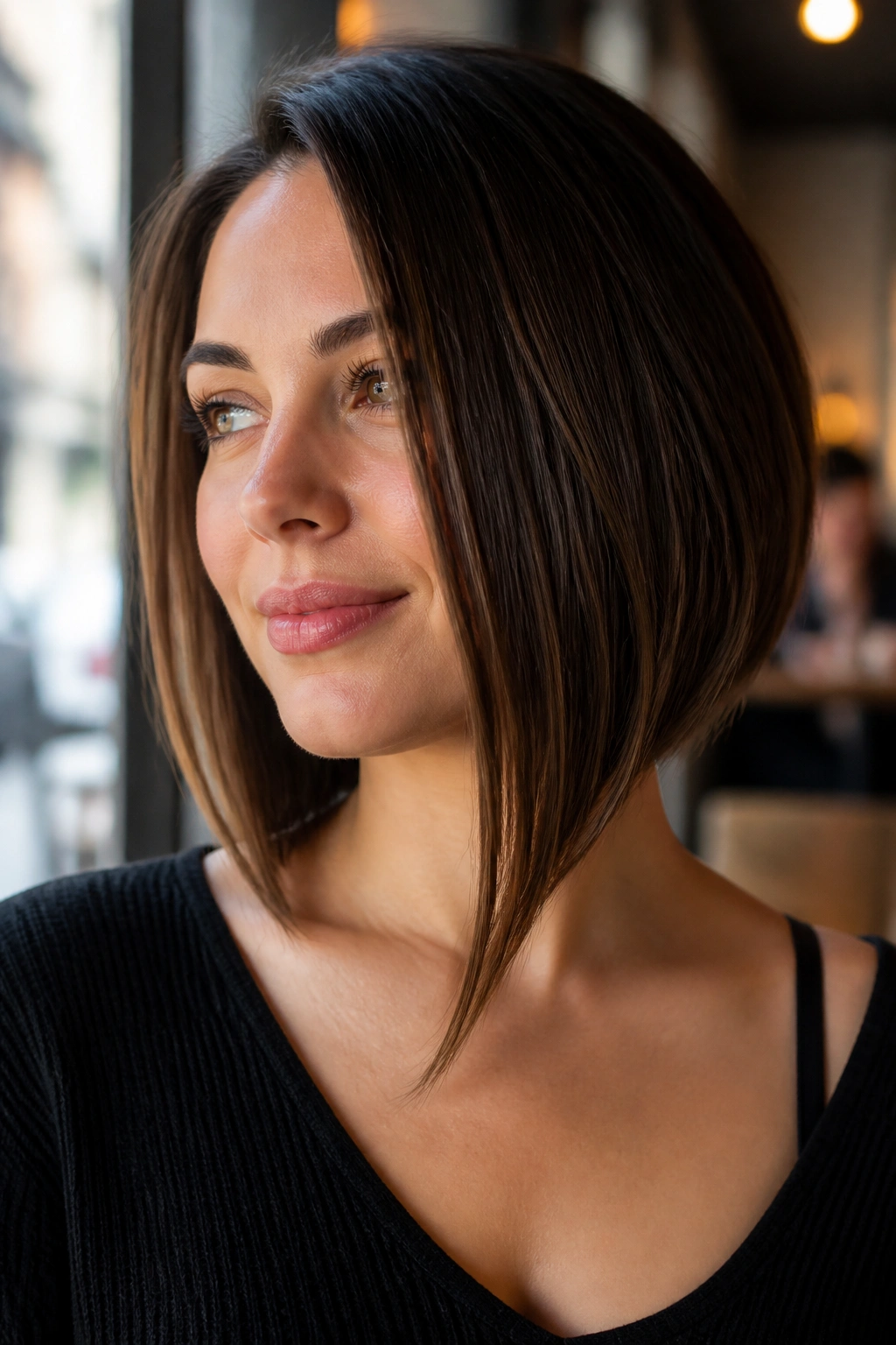 Real woman with collarbone-length angled bob and clean edge in warm cafe lighting