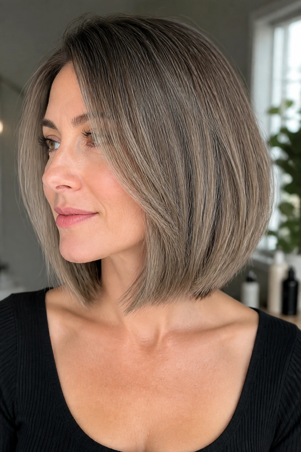 Real woman with collarbone-length ash bob haircut for fine hair, soft bevel movement