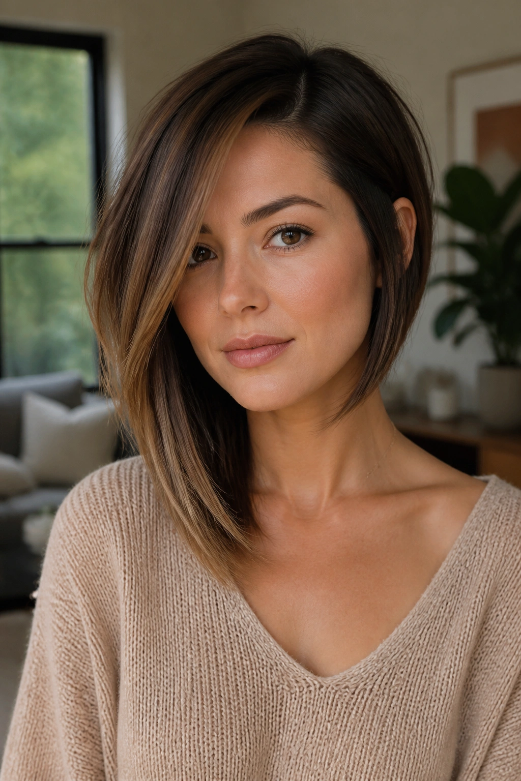 Close-up portrait of a real woman with collarbone-grazing asymmetrical bob for round faces