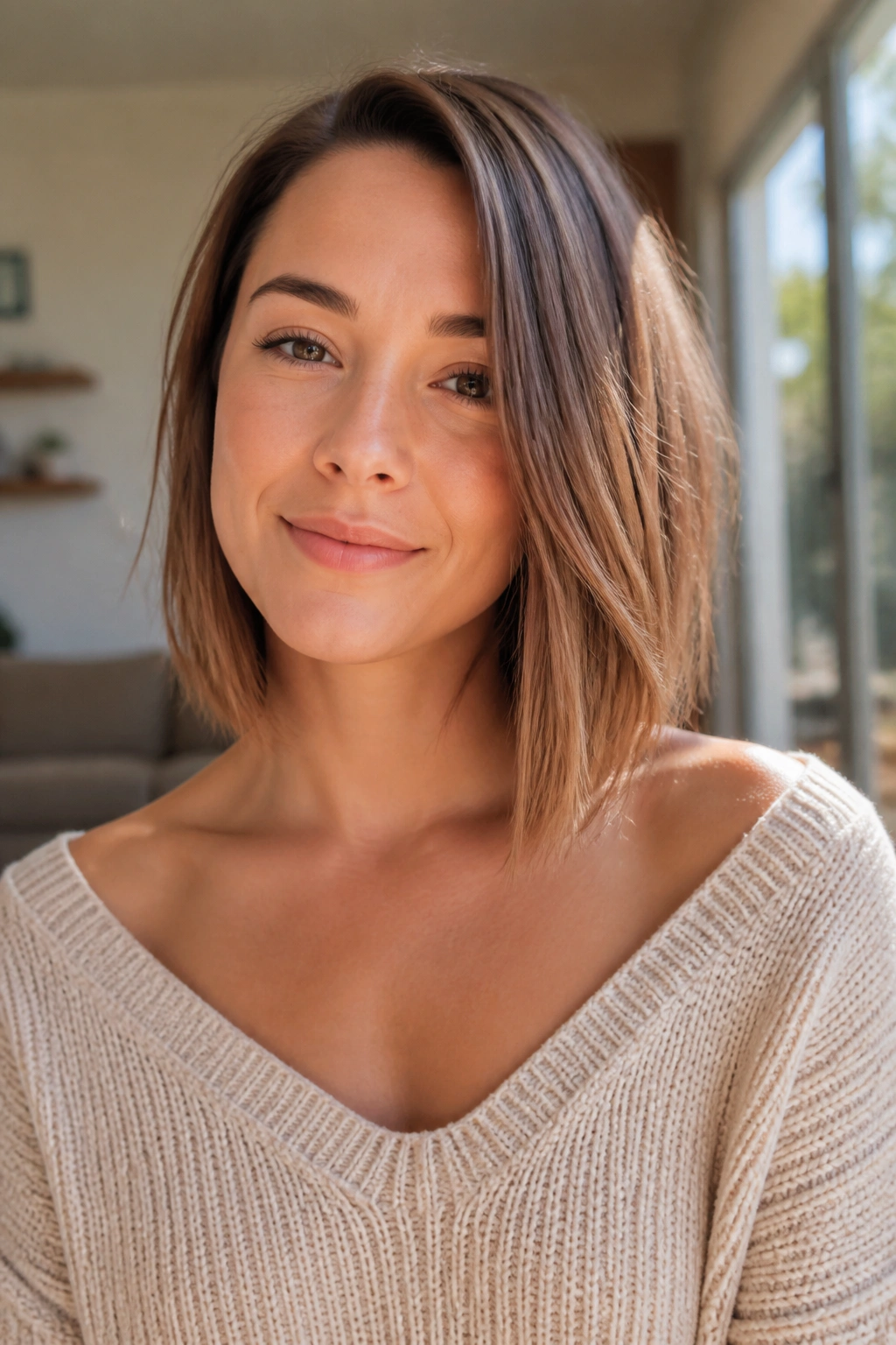 Close-up of a real woman with a collarbone length asymmetrical lob and tilt