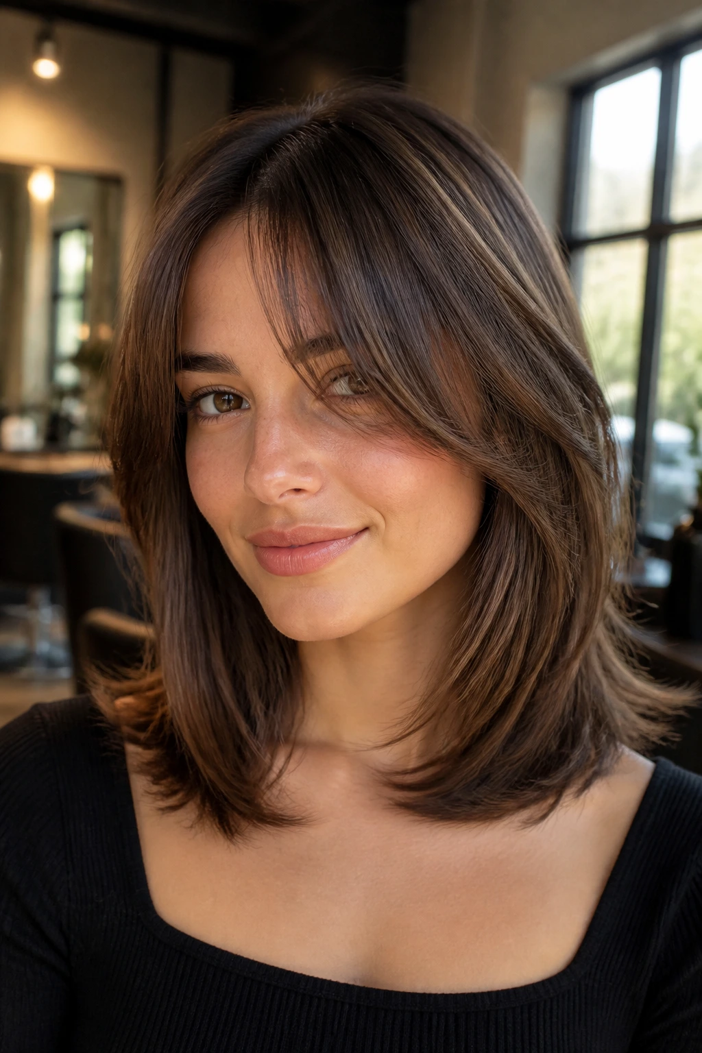 Close-up of collarbone-length haircut with soft curtain bangs on a real person.