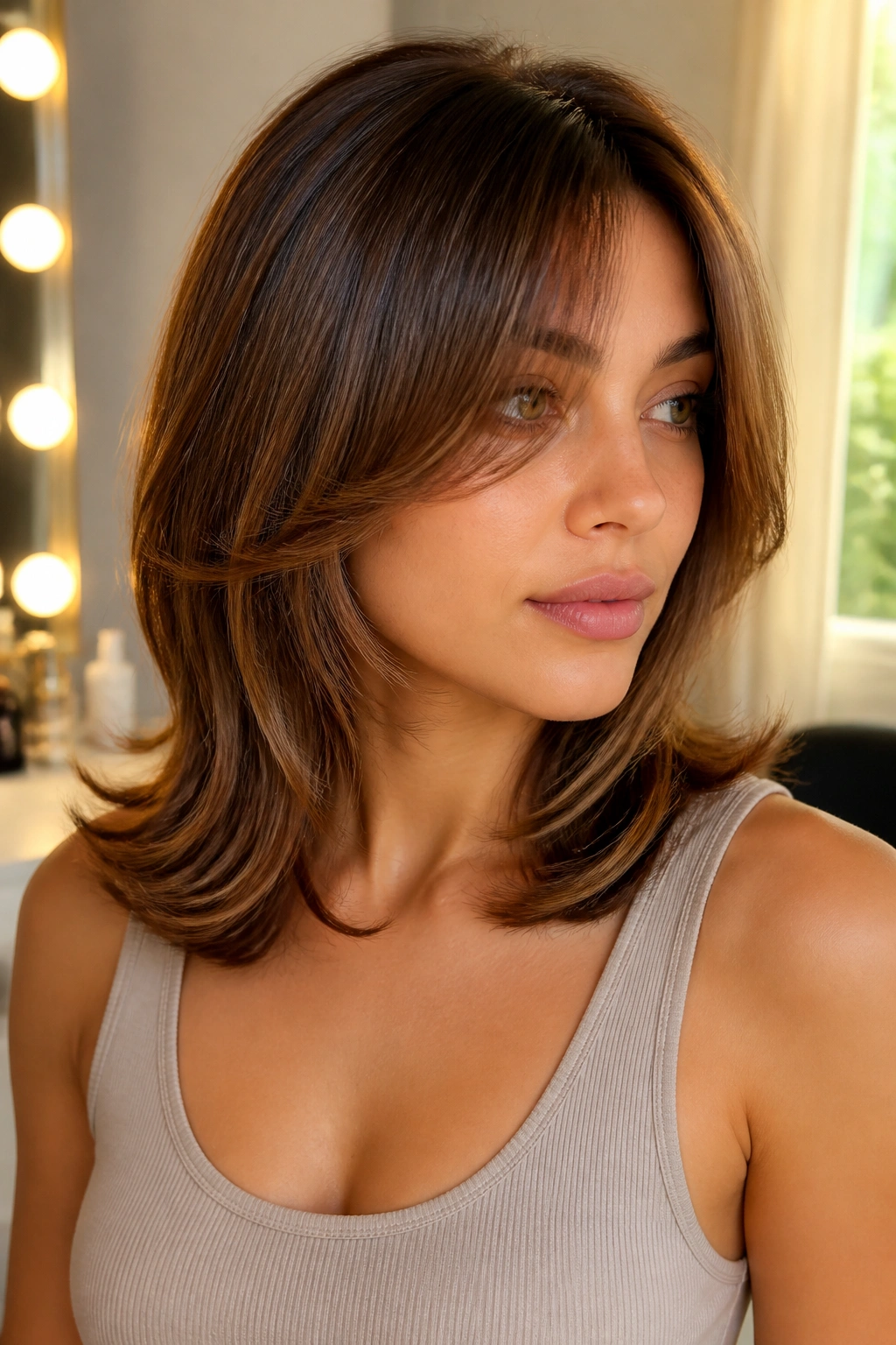 Portrait of a woman with collarbone-length blowout and curtain bangs in warm vanity light.