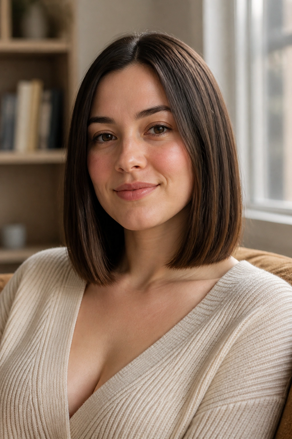 Close-up of real woman with collarbone blunt cut for a round face in warm window light