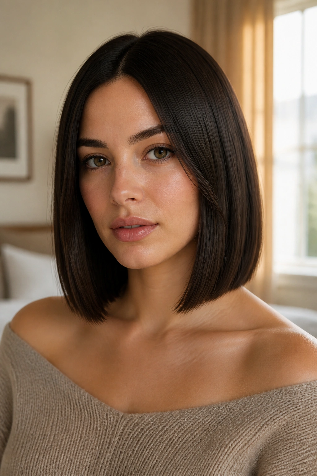 Close-up of a real woman showing a collarbone-length blunt lob with crisp ends
