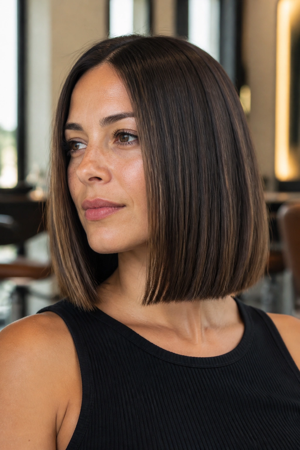 Portrait of a woman with blunt collarbone-length lob haircut and crisp line
