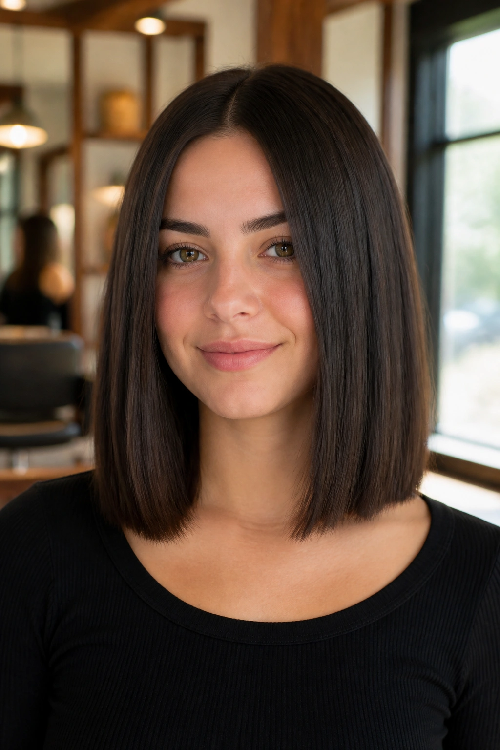 Close-up of a real woman with a collarbone-length blunt lob and center part