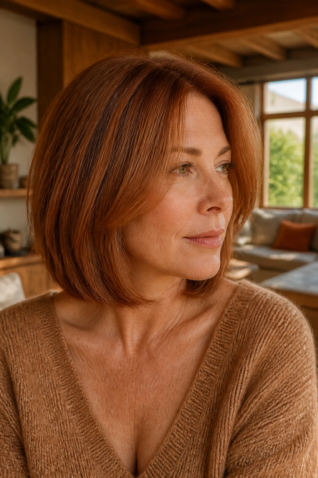 Close-up of a real woman with collarbone-length bob and barely-there layers in auburn copper