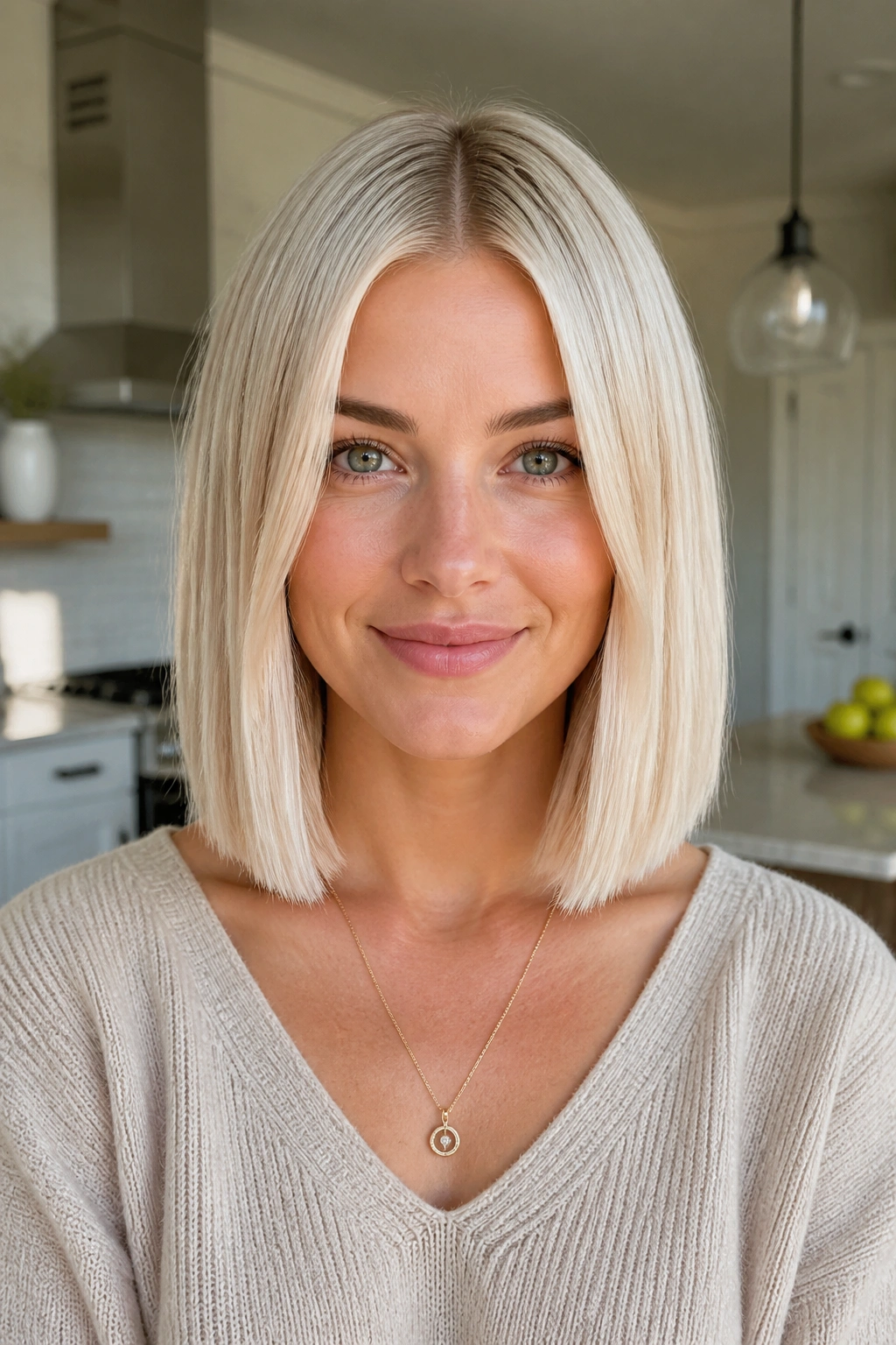 Portrait of a woman with collarbone bob, blunt ends, center part in pale blonde.