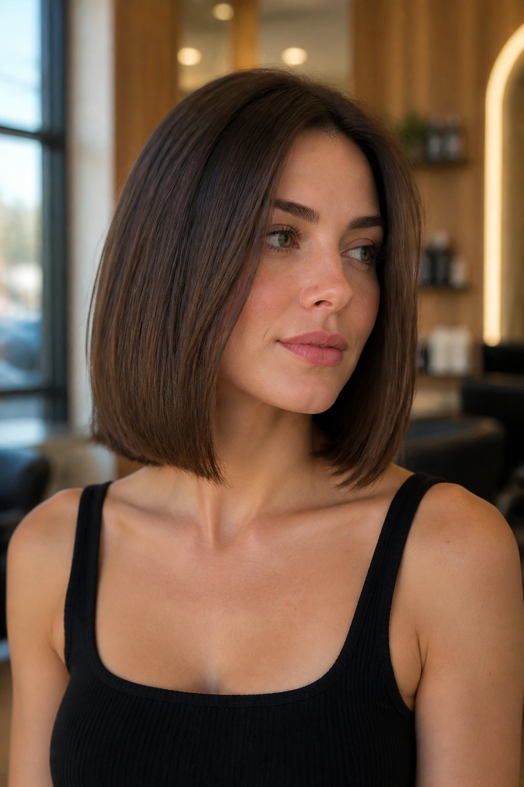 Real woman collarbone-length French bob with clean blunt ends