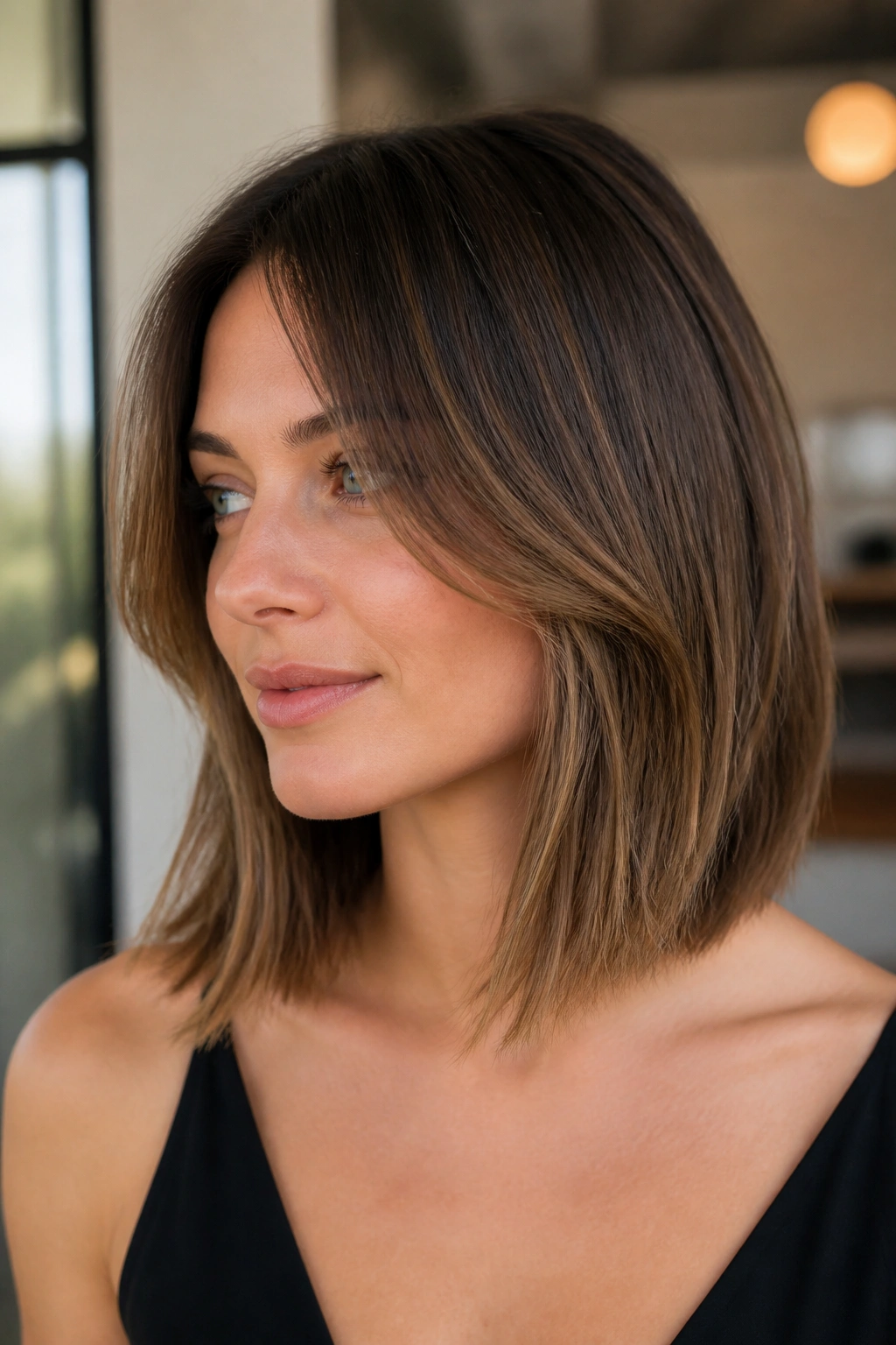 Close-up of a real woman with a collarbone-length bob and longer curtain pieces framing the face.