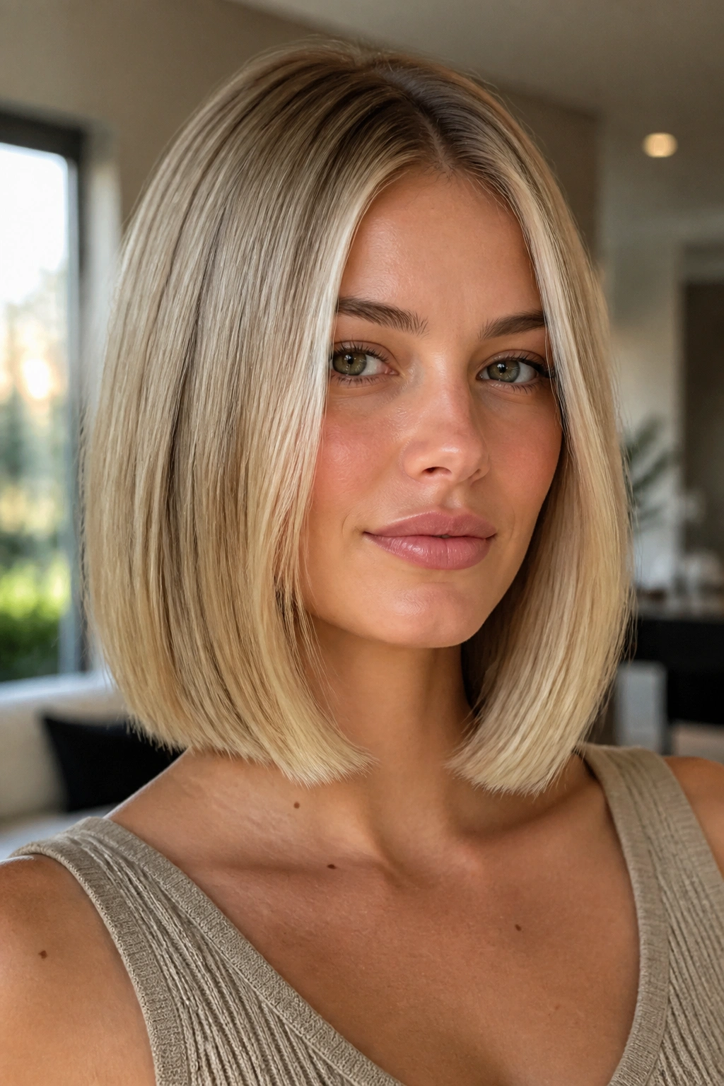Real woman with collarbone-length glossy straight bob and blunt ends
