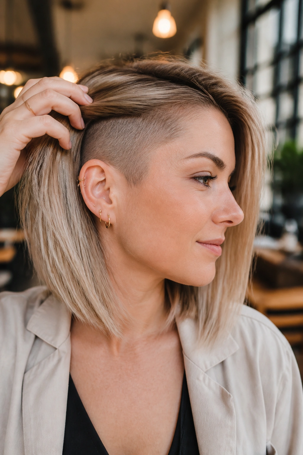 Close-up of a real woman with collarbone-length blond bob and hidden undercut.