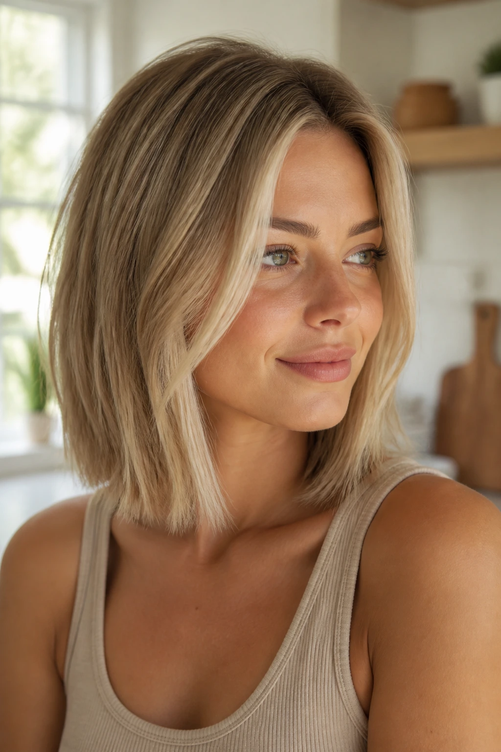 Real woman with collarbone-length bob and face-slimming highlights in a bright kitchen.