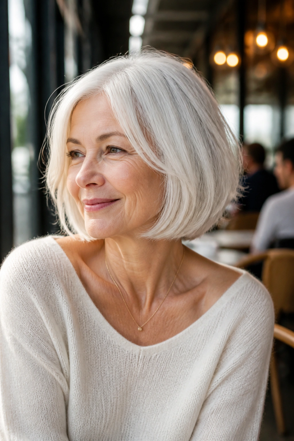 Real person with collarbone-length bob and light interior layers in cafe interior