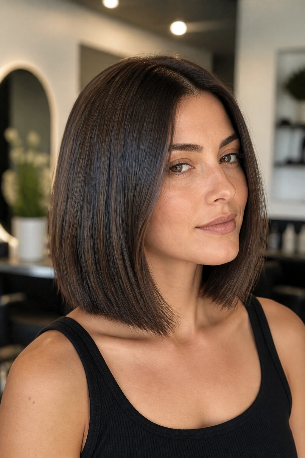 Close-up of a real woman with collarbone-length bob featuring invisible layers in brunette.
