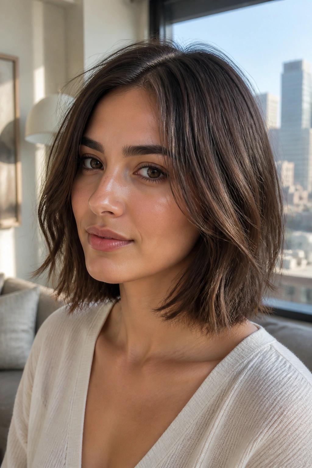 Real person with collarbone-length bob and invisible layers in soft morning light