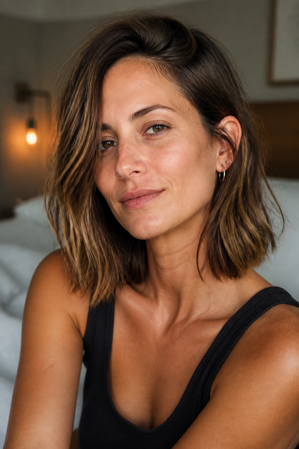Close-up portrait of a real woman with collarbone-length ragged-end bob in a cozy bedroom