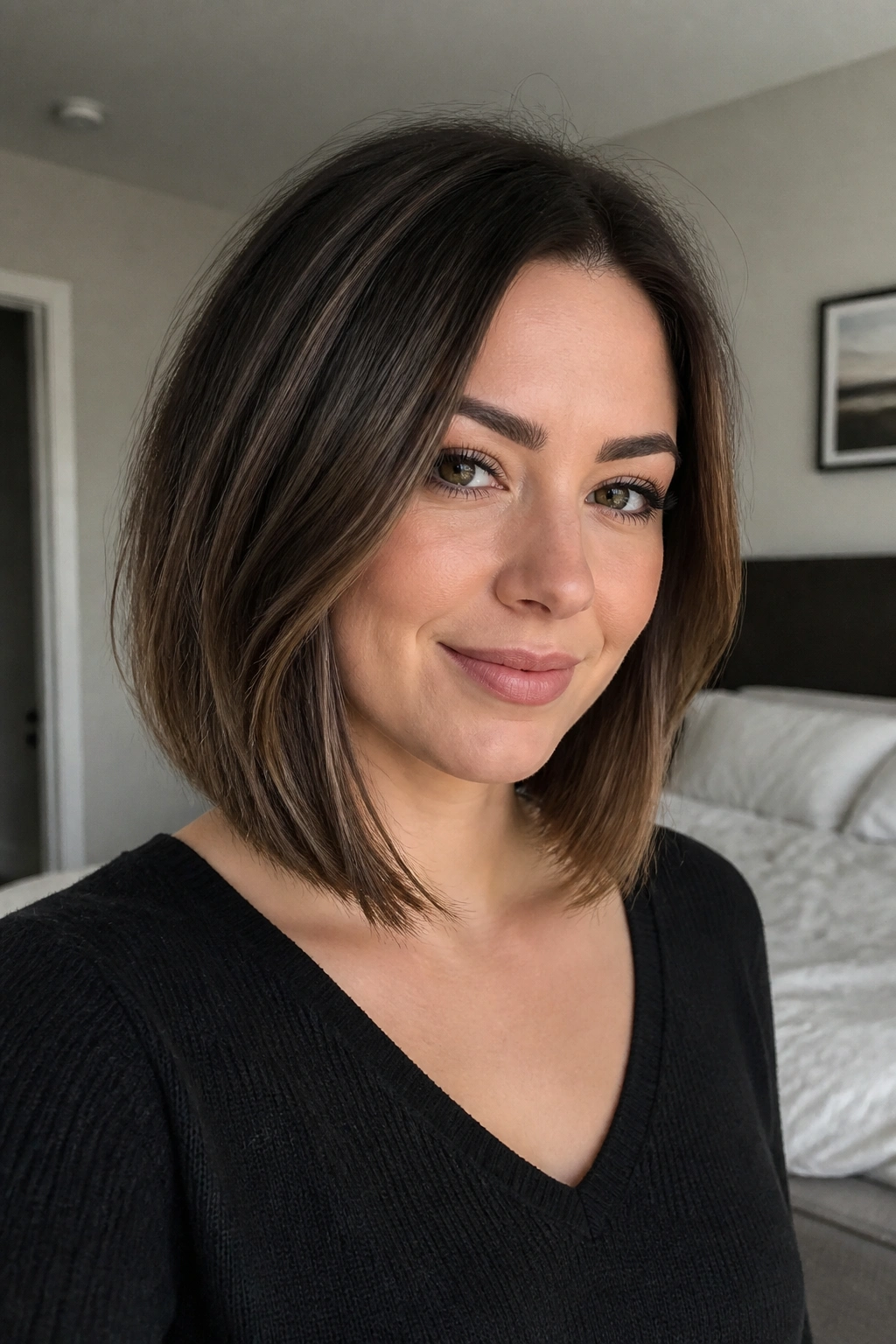Close-up of a real woman with an angled collarbone bob grazing the collarbone