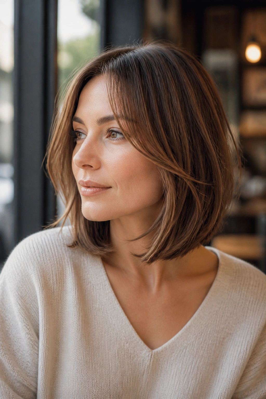 Close-up portrait of a real woman with a collarbone-length rounded bob and light movement.
