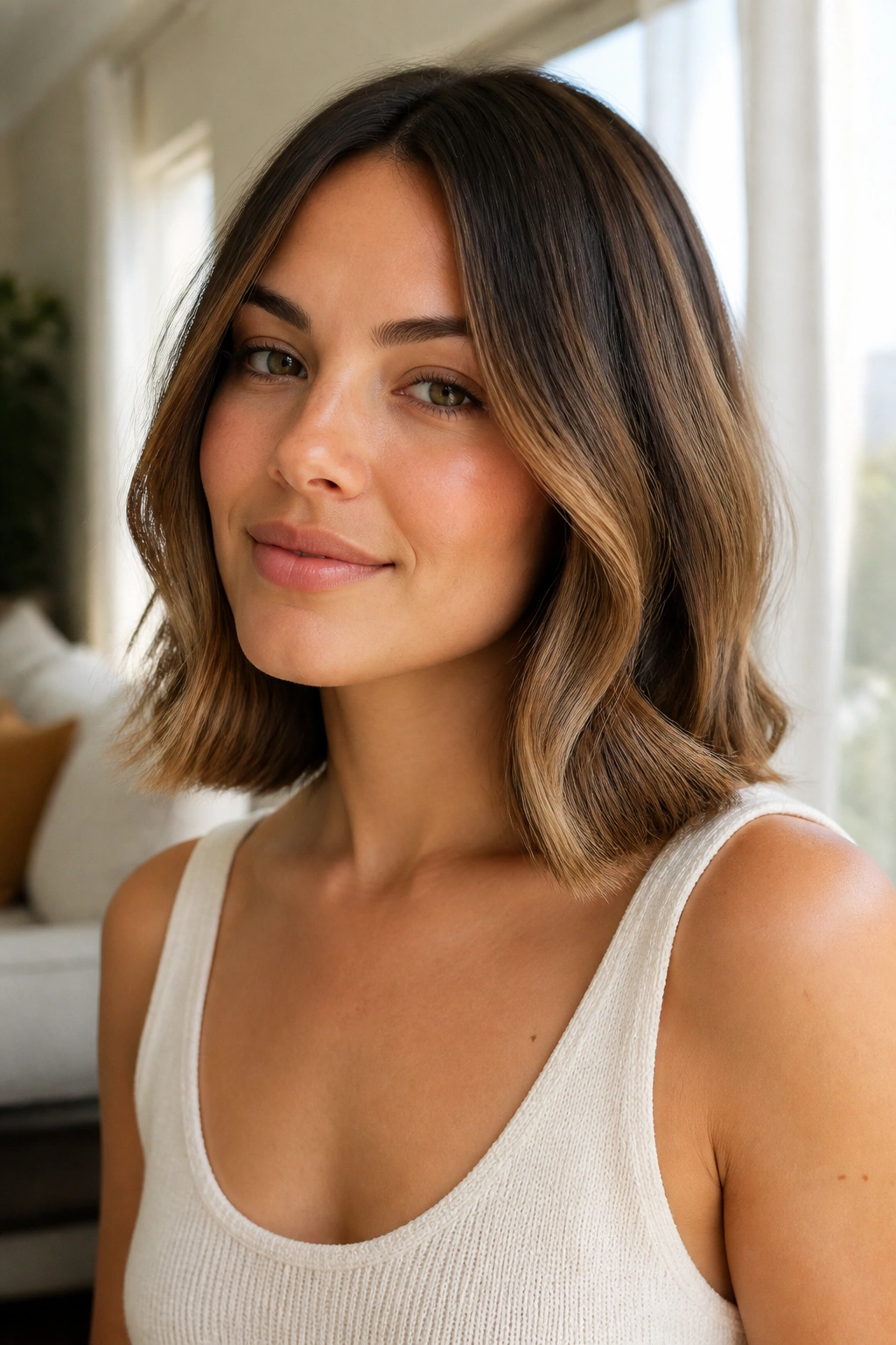 Close-up of a real woman with a collarbone-length lob and soft bend