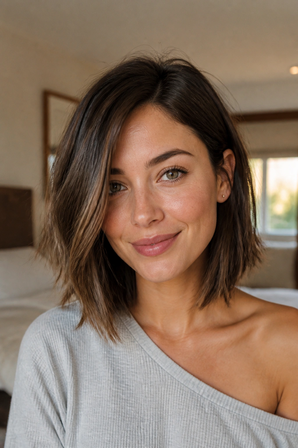 Close-up of a real woman with collarbone-length textured bob and side part in warm natural light
