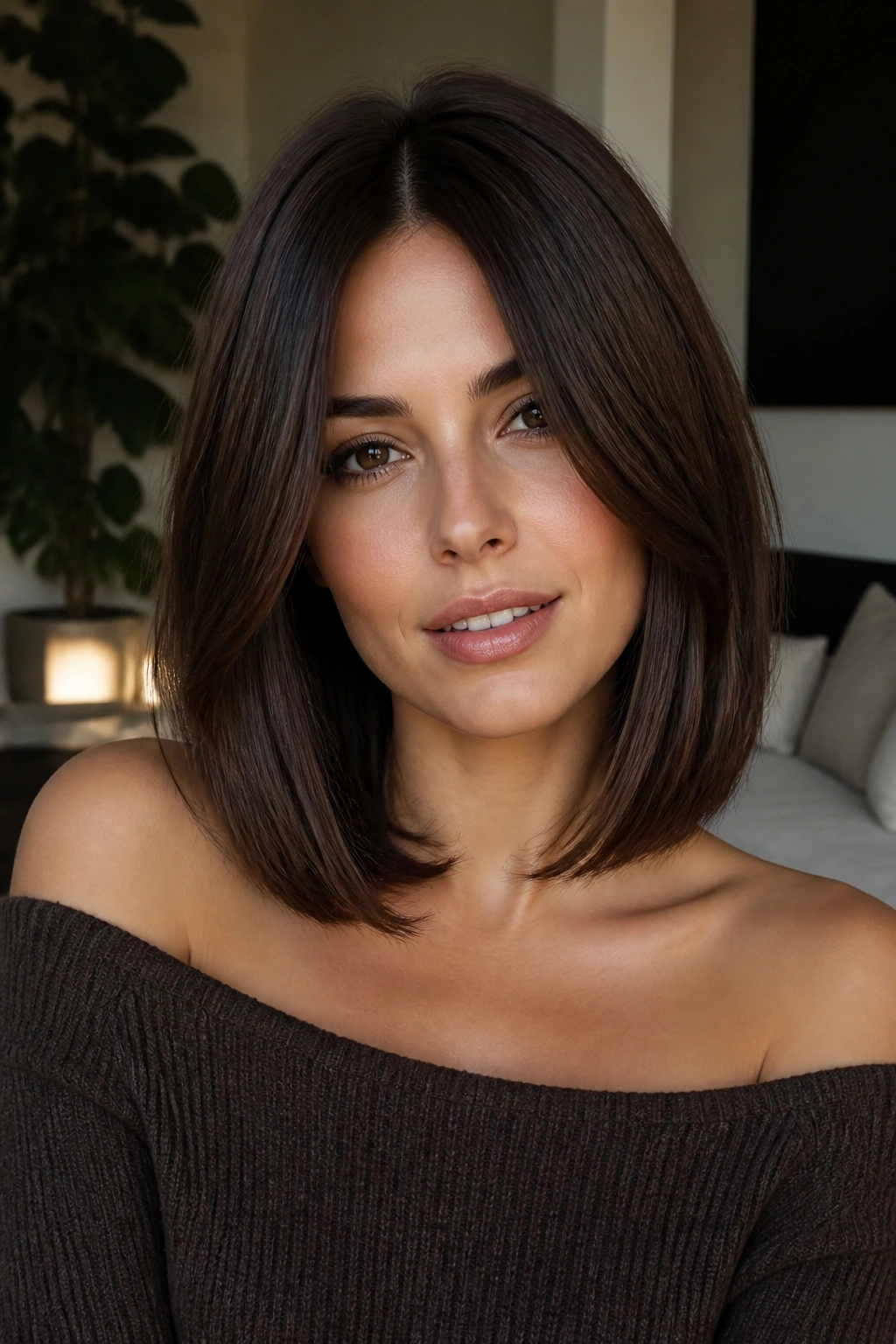 Real woman with collarbone-length walnut brown bob
