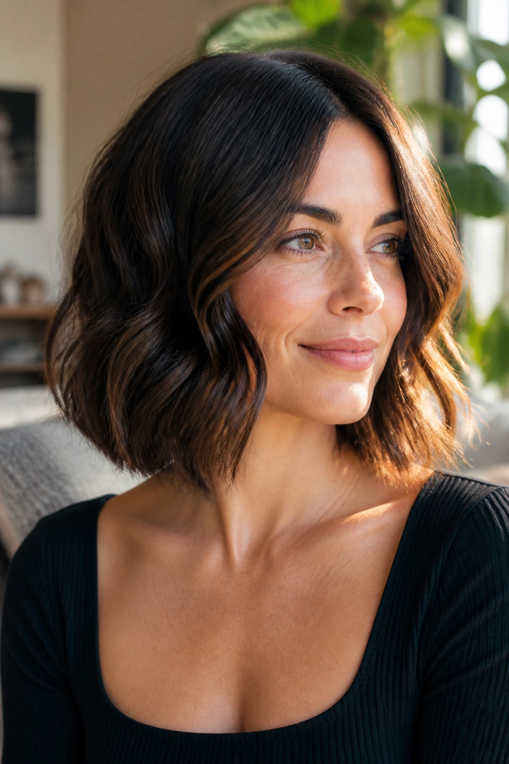Portrait of a woman with a collarbone-length bob and soft waves hiding internal layers