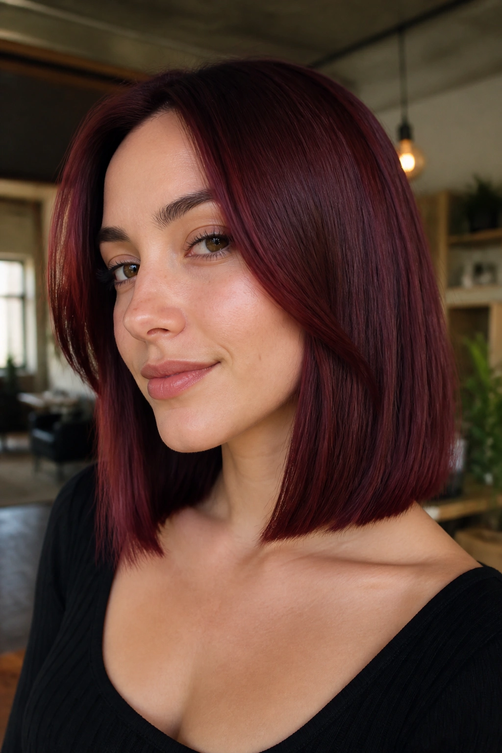 Real woman burgundy collarbone-length lob with blunt ends