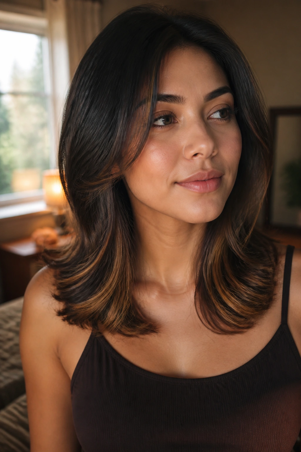 Close-up of a real woman with caramel highlights at the collarbone in warm morning light