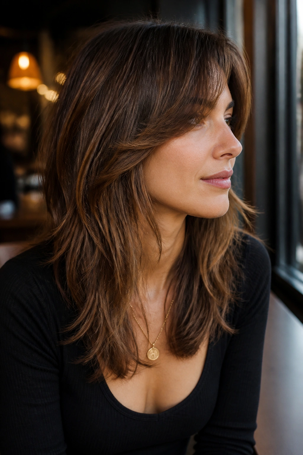 Portrait of a real person with collarbone-to-chest length shag showing mid-length layers