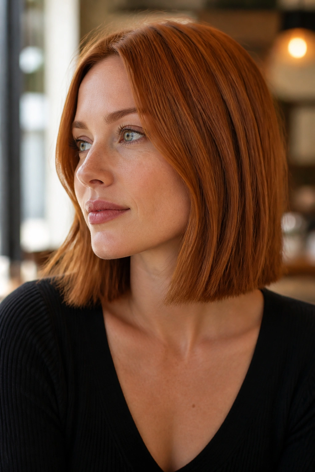 Portrait of a woman with collarbone-length copper lob and blunt ends.