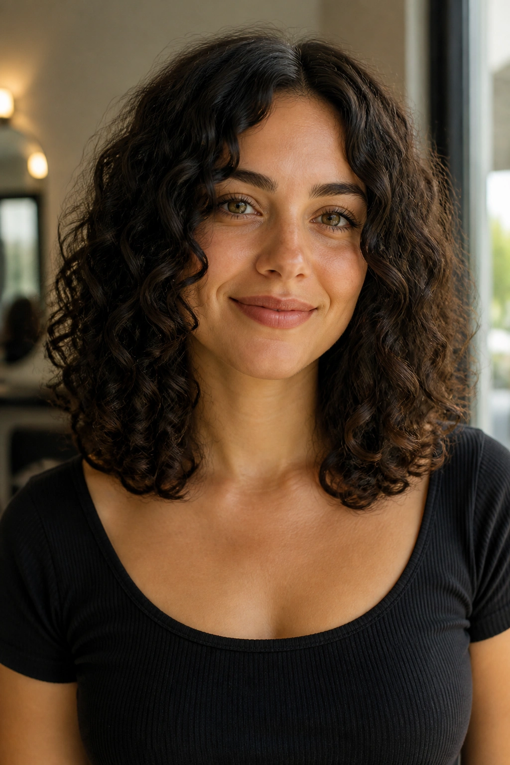 Close-up portrait of collarbone-length curls with a U-shaped cut framing the face