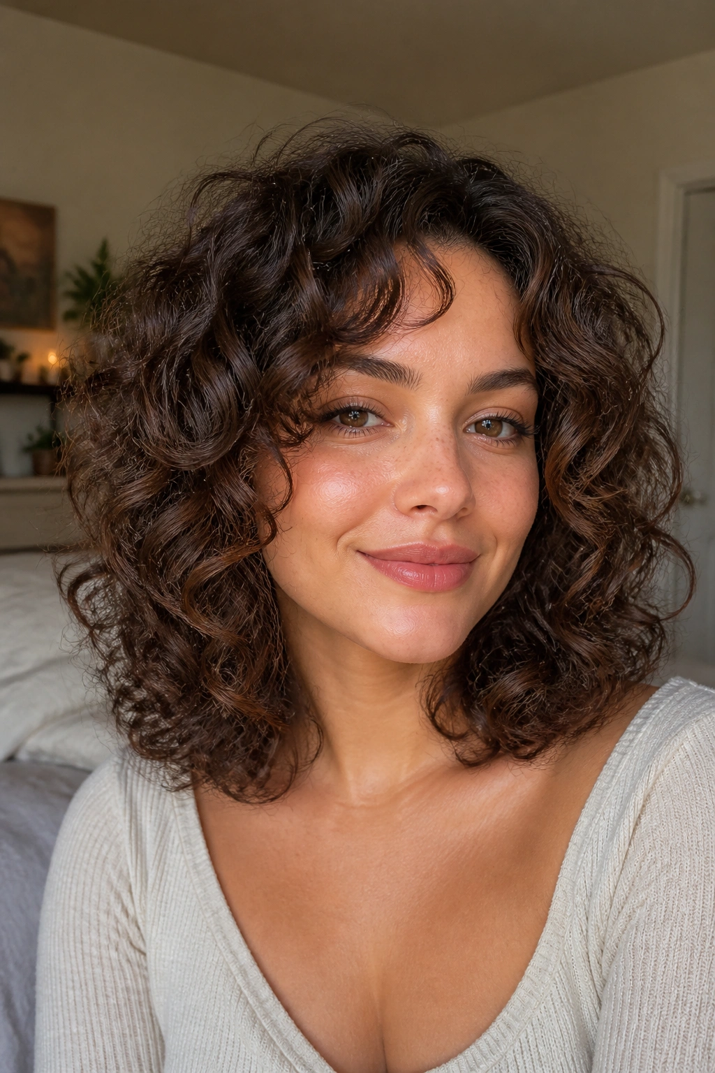 Close-up portrait of a real woman with collarbone-length curly lob and soft layers in warm window light
