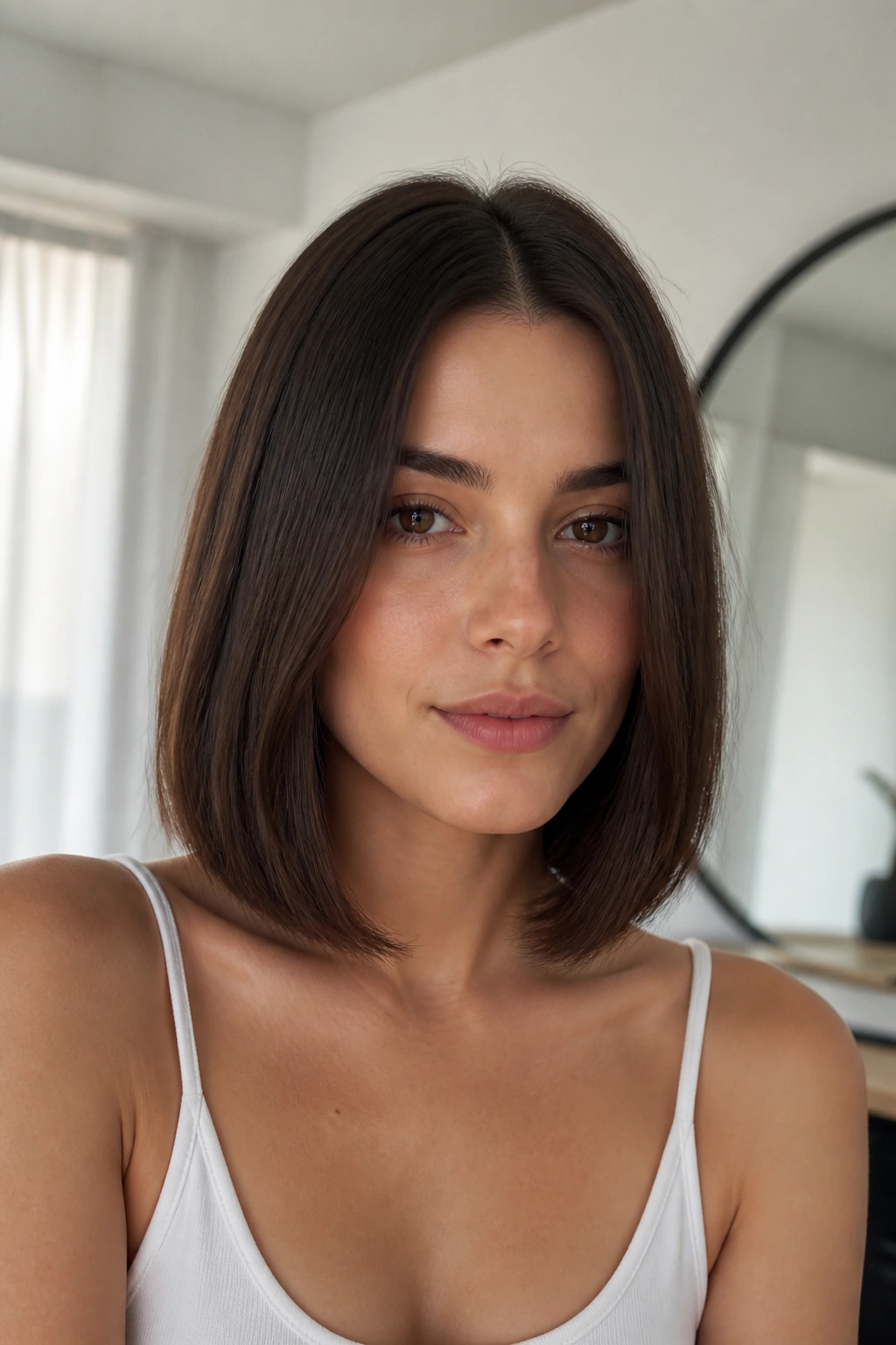 Close-up of a real woman with collarbone-length hair and a centered part