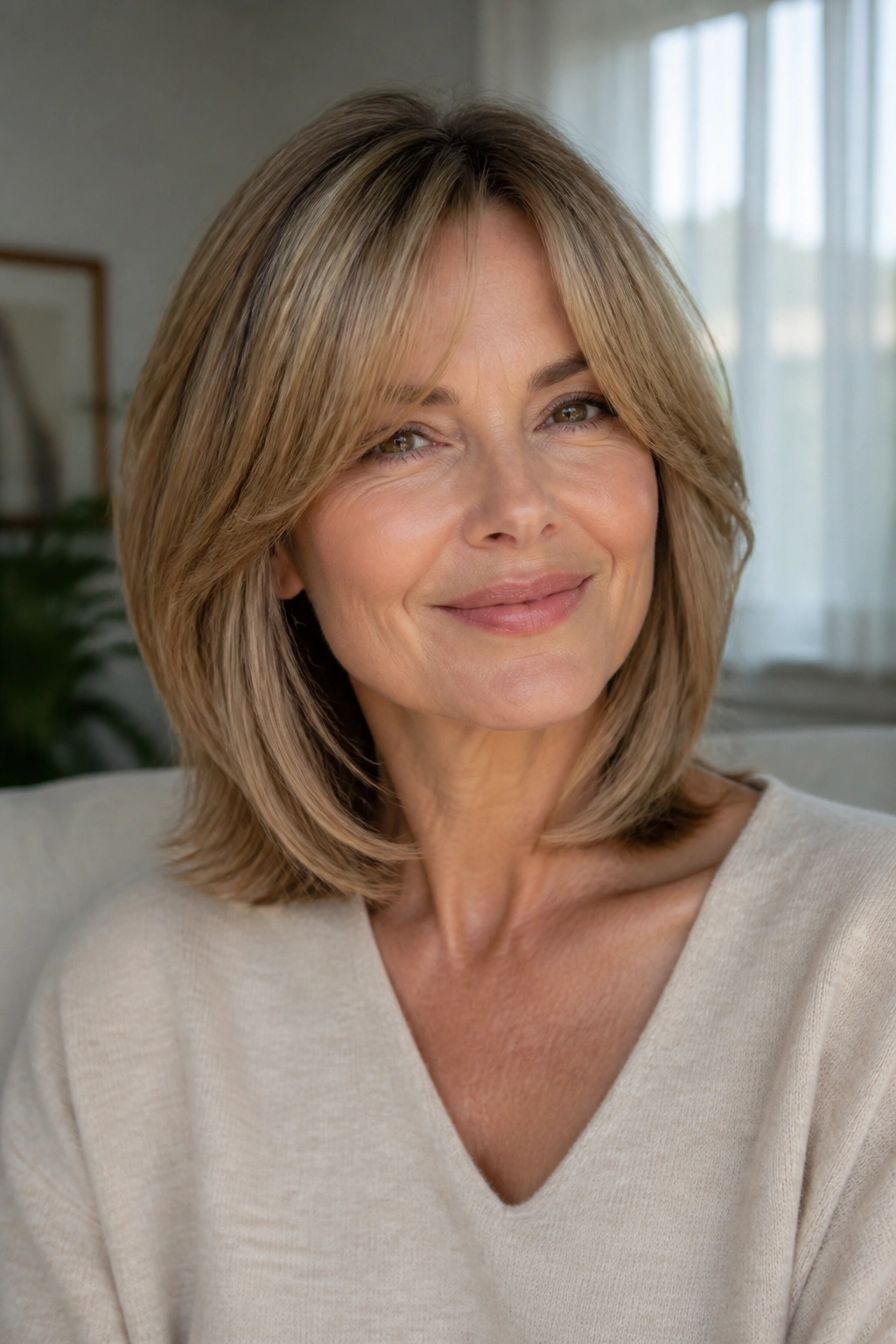 Close-up of a woman with collarbone-length hair and curtain bangs framing the face