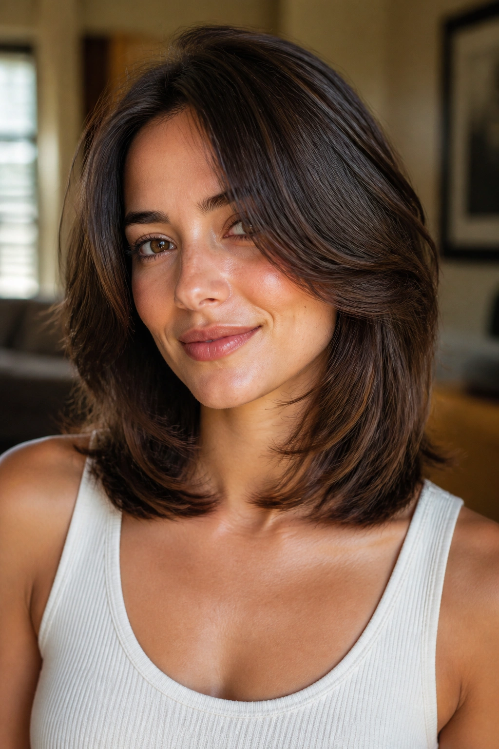 Collarbone-length cut with curved layers on a real woman