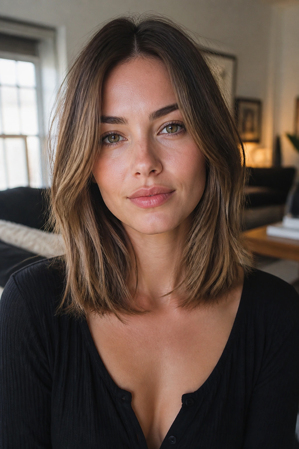 Close-up portrait of a real woman with a collarbone-length cut and razor-soft ends.