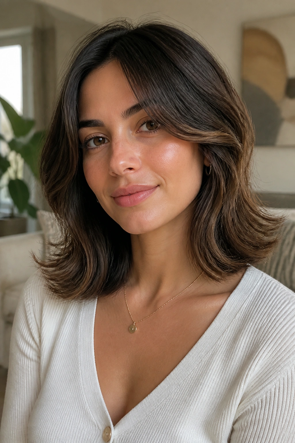 Close-up portrait of a real woman with collarbone-length hair flipped at the ends
