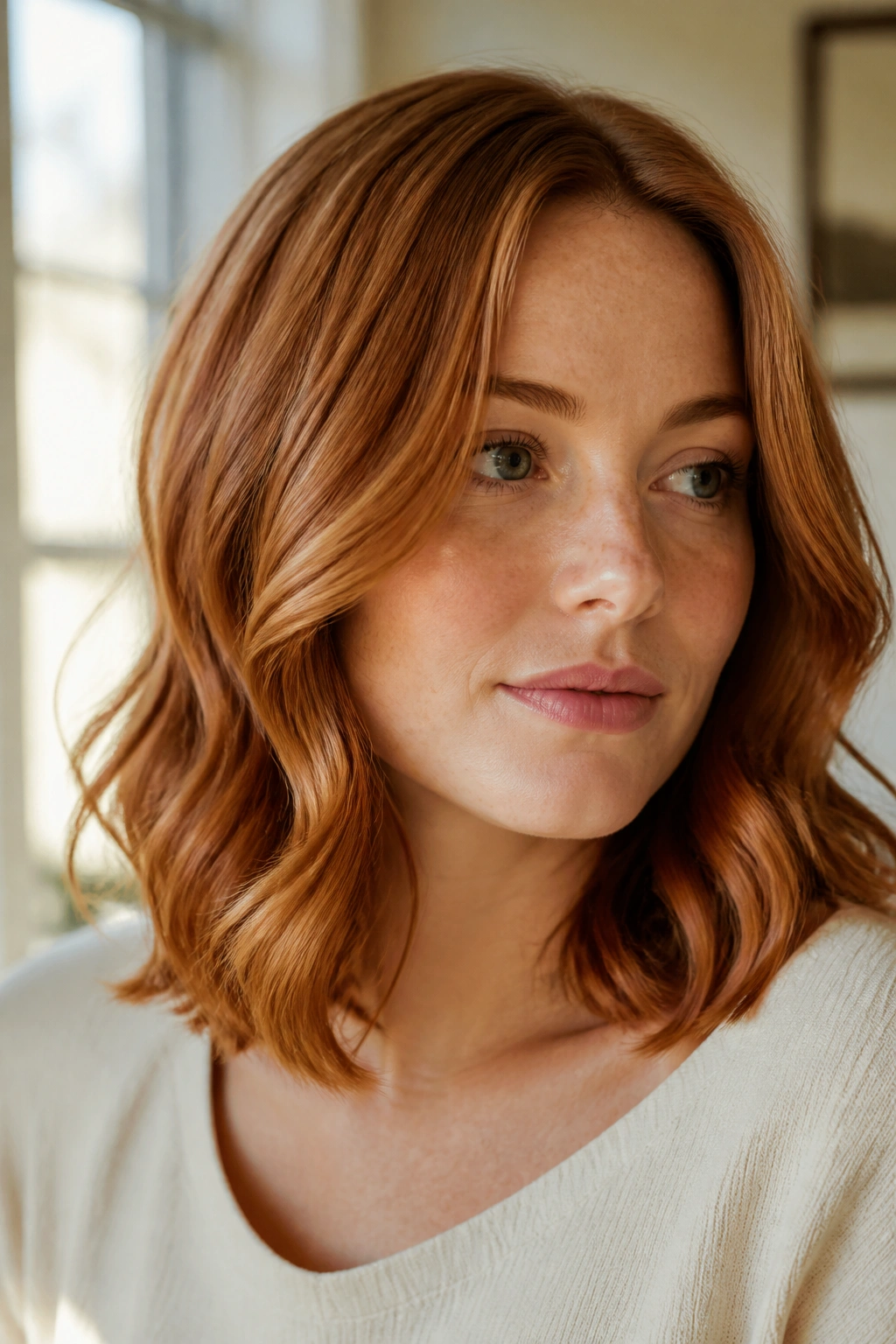 Portrait of a real woman with a wavy collarbone-length ginger haircut.
