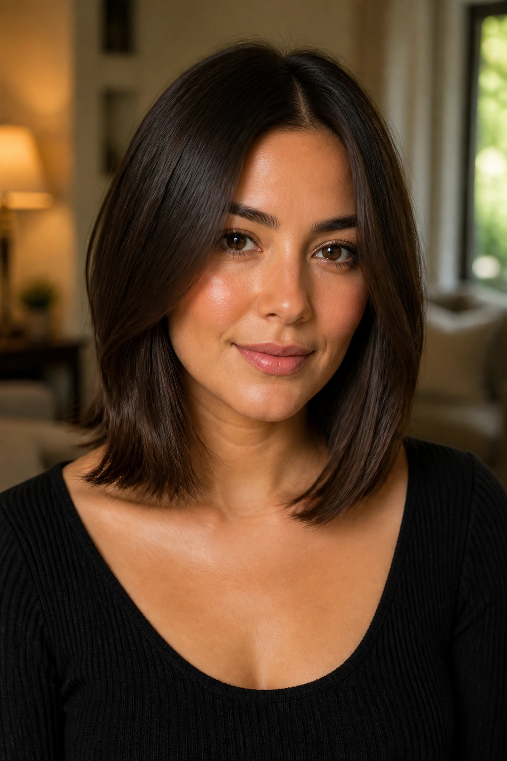 Close-up portrait of a real woman with a sleek collarbone-length cut and a soft middle part