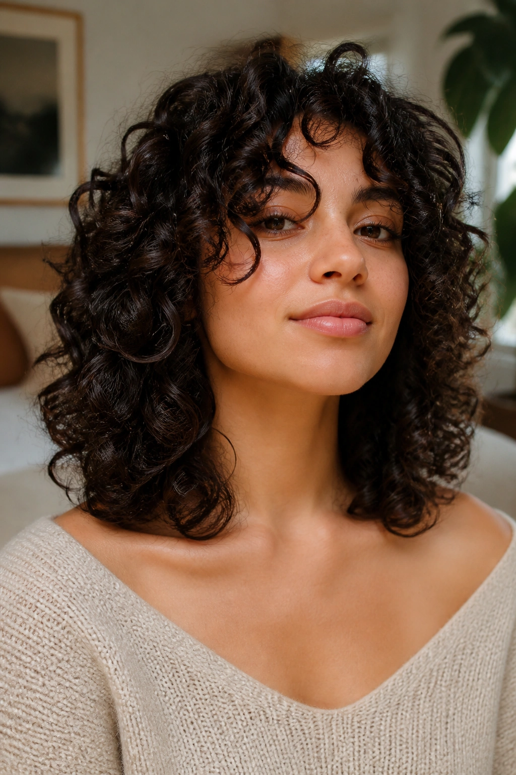 Portrait of a real person with collarbone-length curls and internal layering