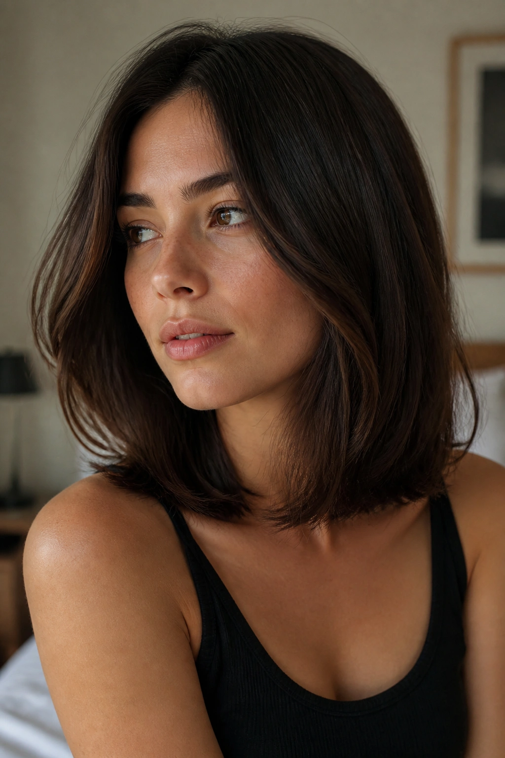 Close-up of a real woman with a collarbone-length haircut and invisible layers
