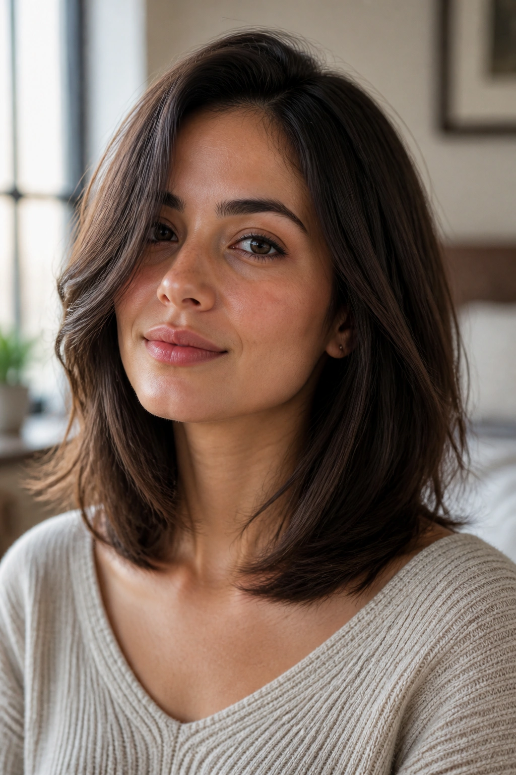 Close-up portrait of a real woman with collarbone-length cut and soft layers
