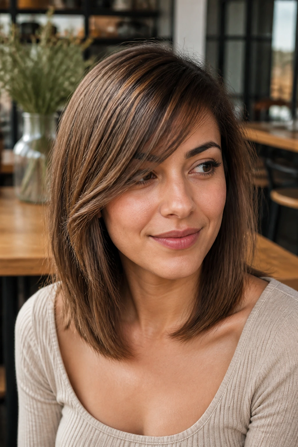 Close-up of a real woman with collarbone cut and long side fringe
