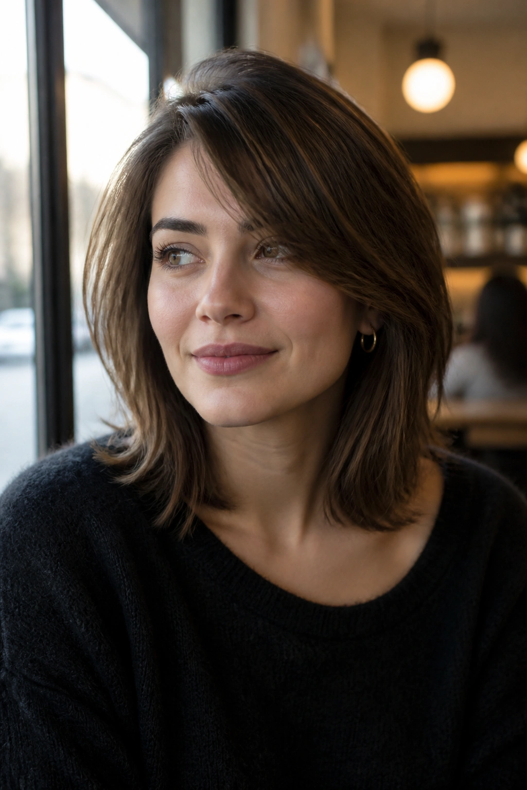 Close-up portrait of a real woman with collarbone-length hair and a low side part